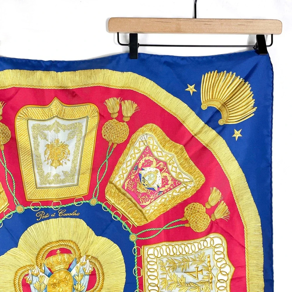 Hermes Paris Poste‎ et Cavalerie Silk Scarf Royal Blue Red Gold 35